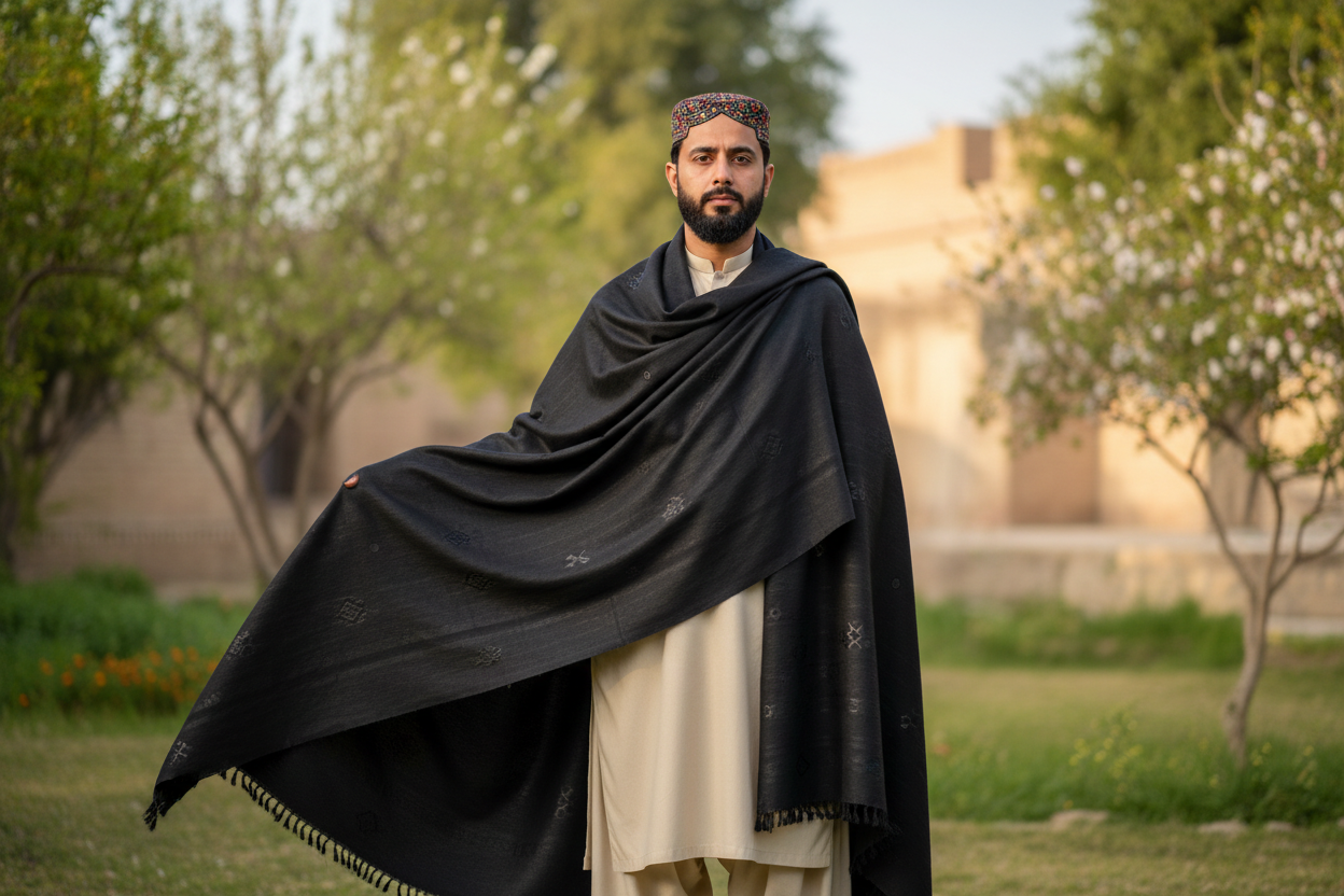 Pakistani men wearing black shawl1621243260e1af0c20-1